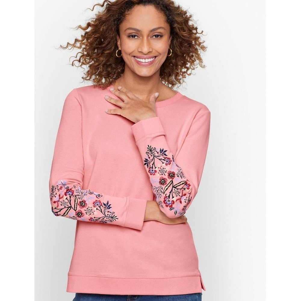 Talbots women's pink embroidered crewneck long sleeve sweatshirt sz petite Large
